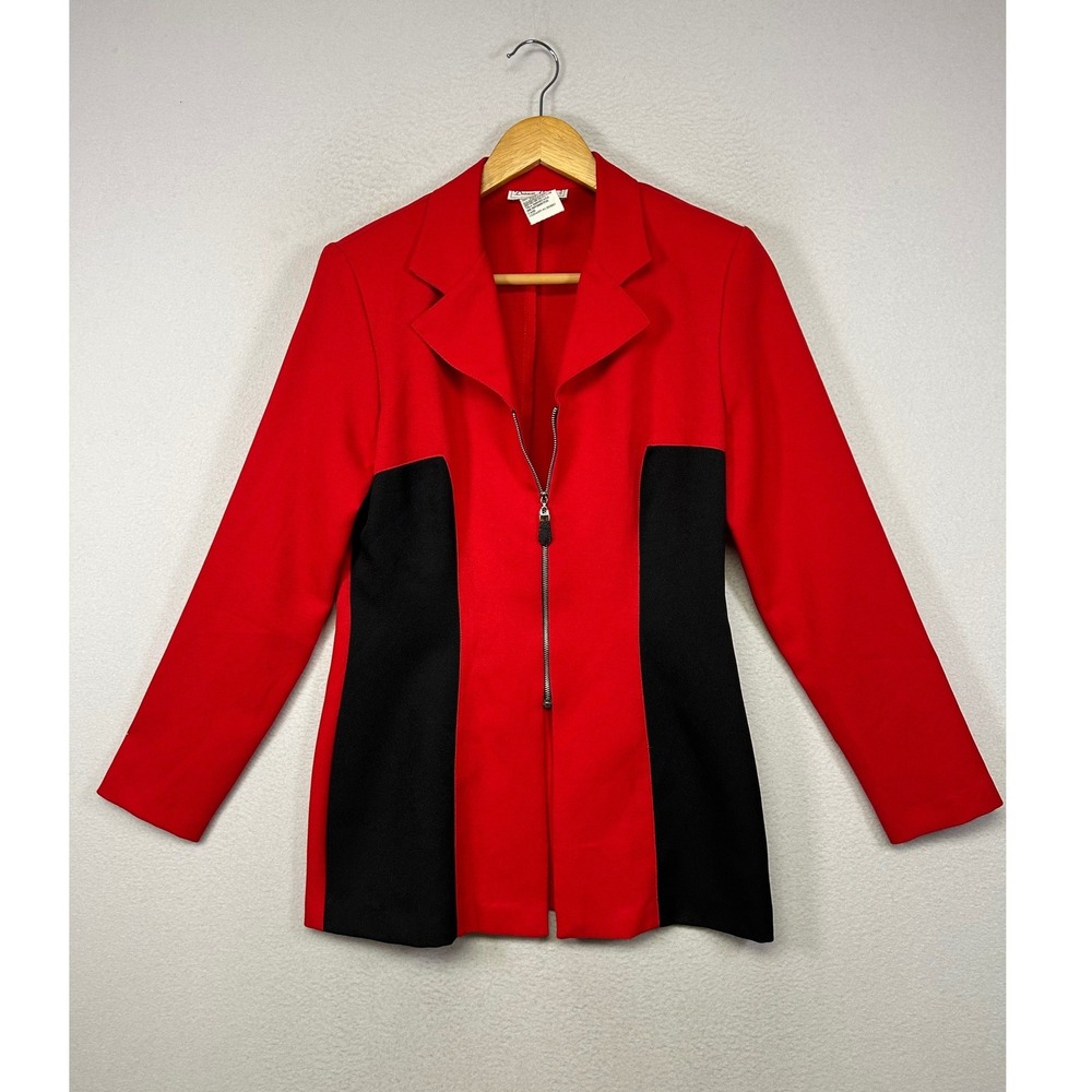 90s Vintage Dawn Joy Women 5/6 Red Black Colorblock Zip Front Structured Blazer